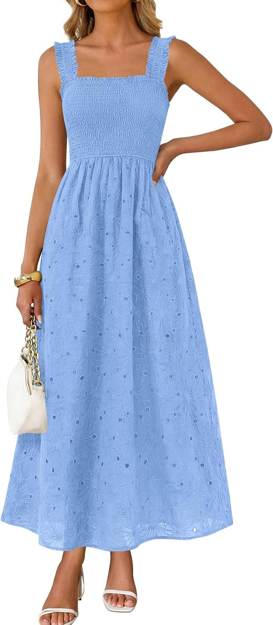 KIRUNDO Summer Lace Dress Vacation Outfits for Women 2026 Wedding Guest Dresses Maxi Beach Boho Sleeveless Cotton Sundress