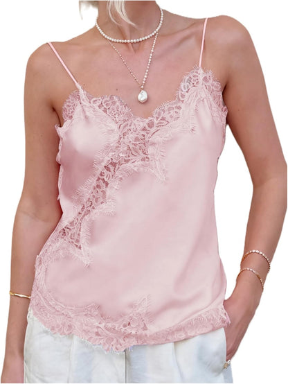 Women Satin Lace Camisole Top Sleeveless Spaghetti Strap Silk Lace Trim Cami Top Asymmetrical Tank Top Streewear