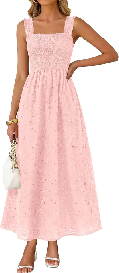 KIRUNDO Summer Lace Dress Vacation Outfits for Women 2026 Wedding Guest Dresses Maxi Beach Boho Sleeveless Cotton Sundress