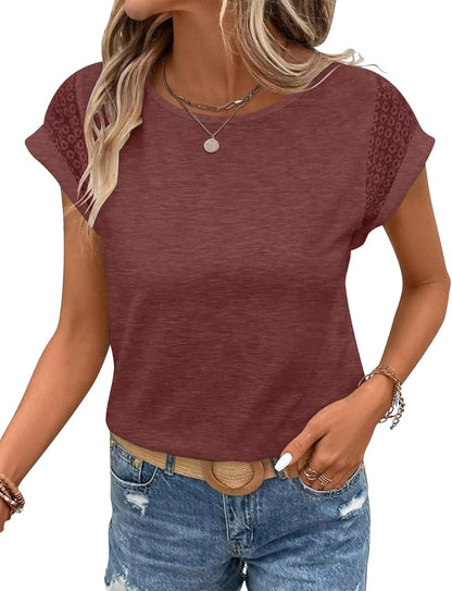 Bliwov Womens Tops Lace Cap Sleeve T Shirts,Cute Trendy Casual,Beach Vacation Outfits,Summer Spring Fashion Clothes
