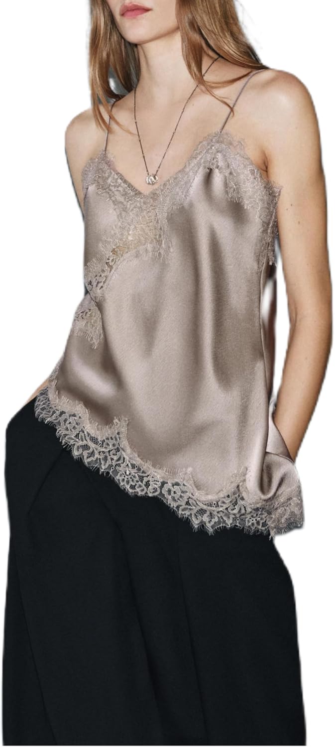 Women Satin Lace Camisole Top Sleeveless Spaghetti Strap Silk Lace Trim Cami Top Asymmetrical Tank Top Streewear