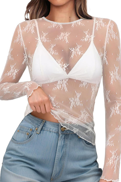 Women’s Lace Mesh Long Sleeve Top – Slim Fit Sheer Blouse
