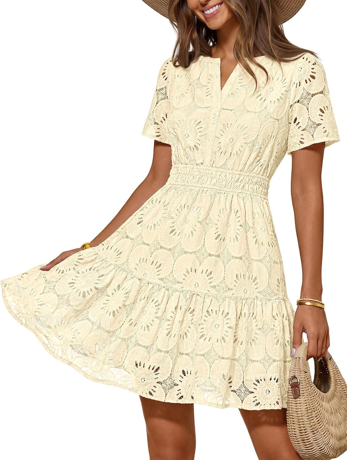 MEROKEETY Women's Spring Summer Lace Boho Dress 2026 Short Sleeve Eyelet Floral Ruffle A Line Vacation Beach Mini Dresses
