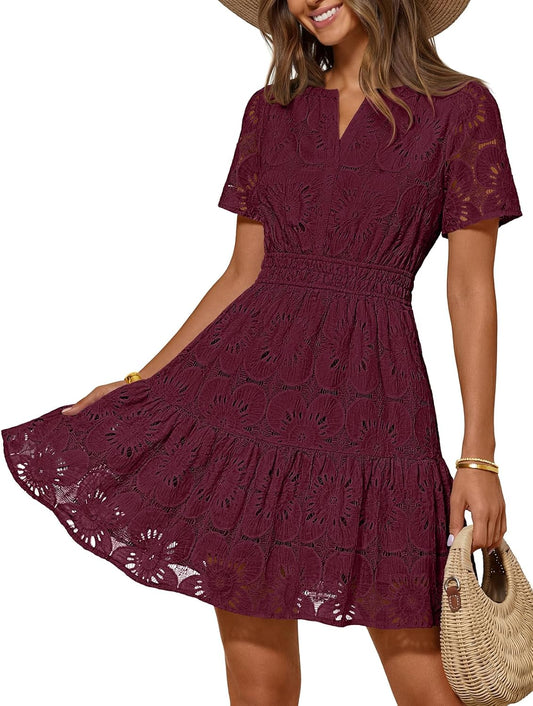 MEROKEETY Women's Spring Summer Lace Boho Dress 2026 Short Sleeve Eyelet Floral Ruffle A Line Vacation Beach Mini Dresses