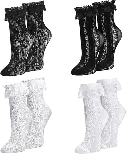 Womens Lace Ankle Socks Ruffle Frilly Dress Socks Sexy Mesh Lace Trim Lolita Sock Lacy Ruffled Bootie Sock for Woman