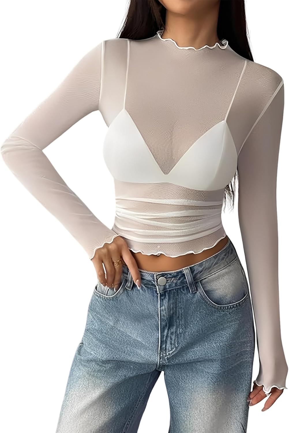 KTILG Womens Mesh Long Sleeve Top Sheer Blouse Sexy See Through Tee Shirt Lace Tops S-XXL