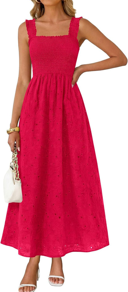 KIRUNDO Summer Lace Dress Vacation Outfits for Women 2026 Wedding Guest Dresses Maxi Beach Boho Sleeveless Cotton Sundress