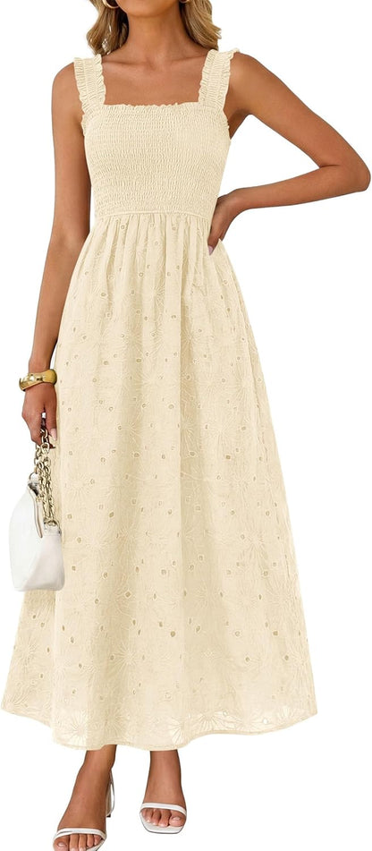 KIRUNDO Summer Lace Dress Vacation Outfits for Women 2026 Wedding Guest Dresses Maxi Beach Boho Sleeveless Cotton Sundress