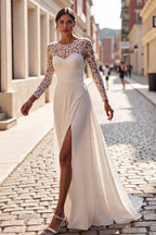 Ivory Illusion Neck Chiffon Long Wedding Dress with Slit