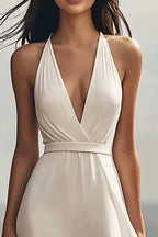 Chiffon Halter A Line Ivory Maxi Rehearsal Dinner Dress