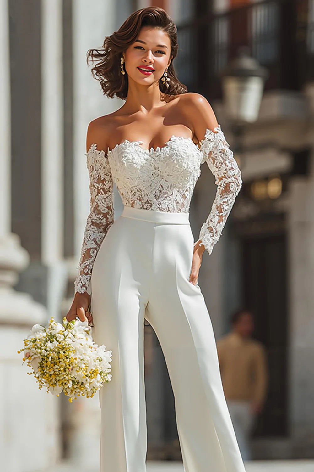 White Appliqued Sweetheart Bridal Jumpsuits with Sleeves