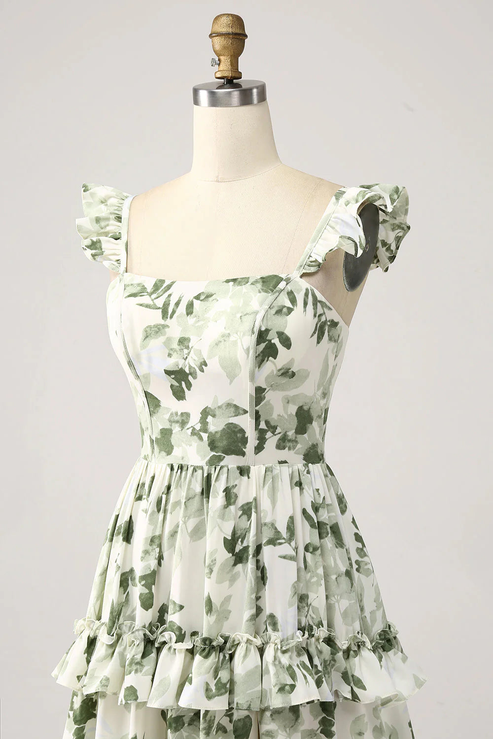 Green Floral Ruffles Tiered Prom Dress with Slit