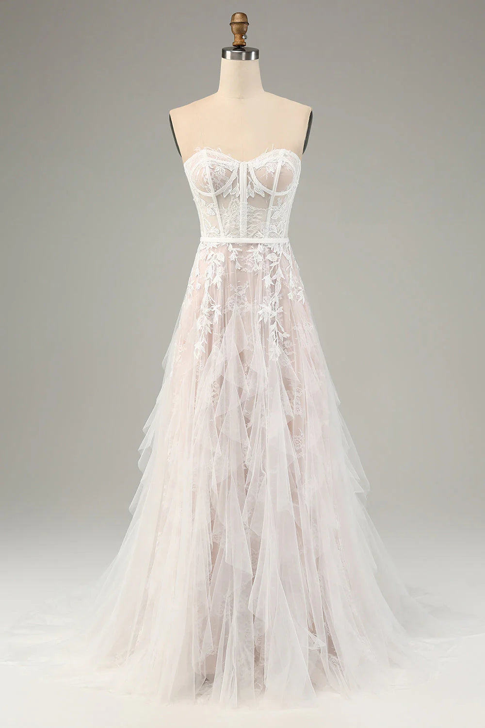 White A Line Strapless Corset Wedding Dress with Applique Lace