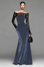 Burgundy Velvet Mermaid Long Sleeves Holiday Party Dress with Lace