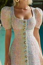 Pink and Blue Tweed Scoop Neck Short Tight Homecoming Dress with Sleeves