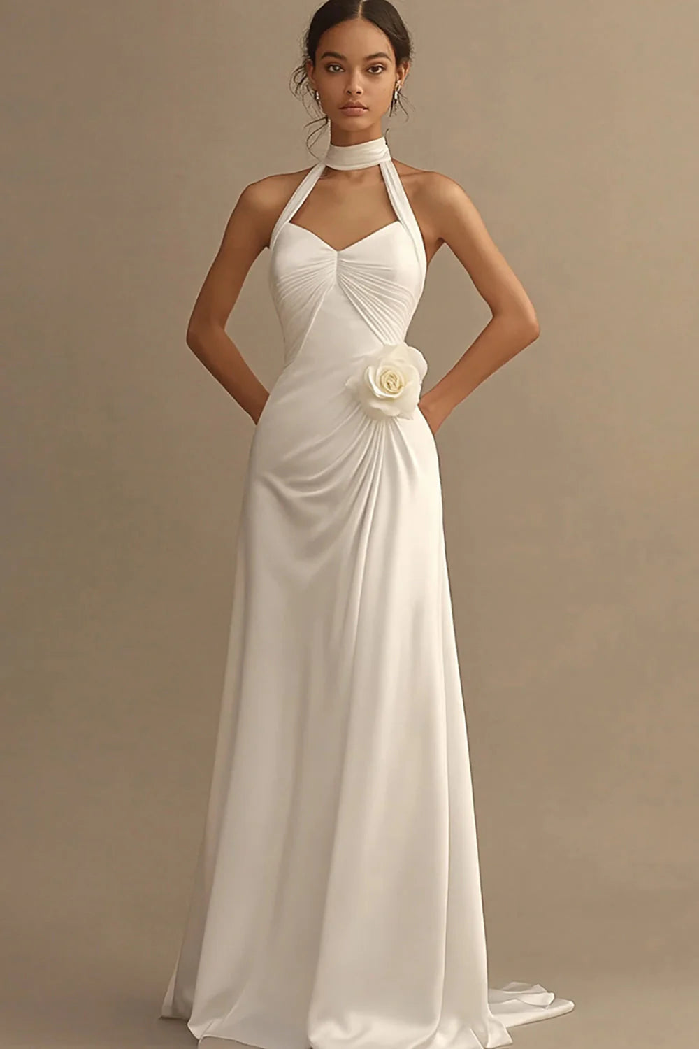 White A Line Chiffon Long Rehearsal Dinner Dress with 3D Flower