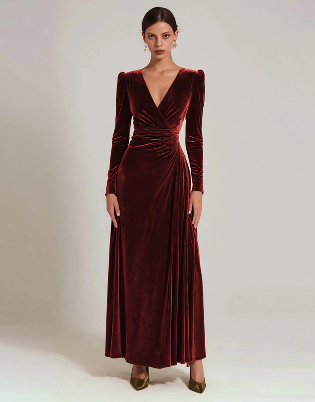 Olive Velvet A Line V-Neck Long Holiday Party Dress with Sleeves
