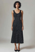 Black and White Chiffon Scoop Neck Maxi A Line Polka Dot Dress