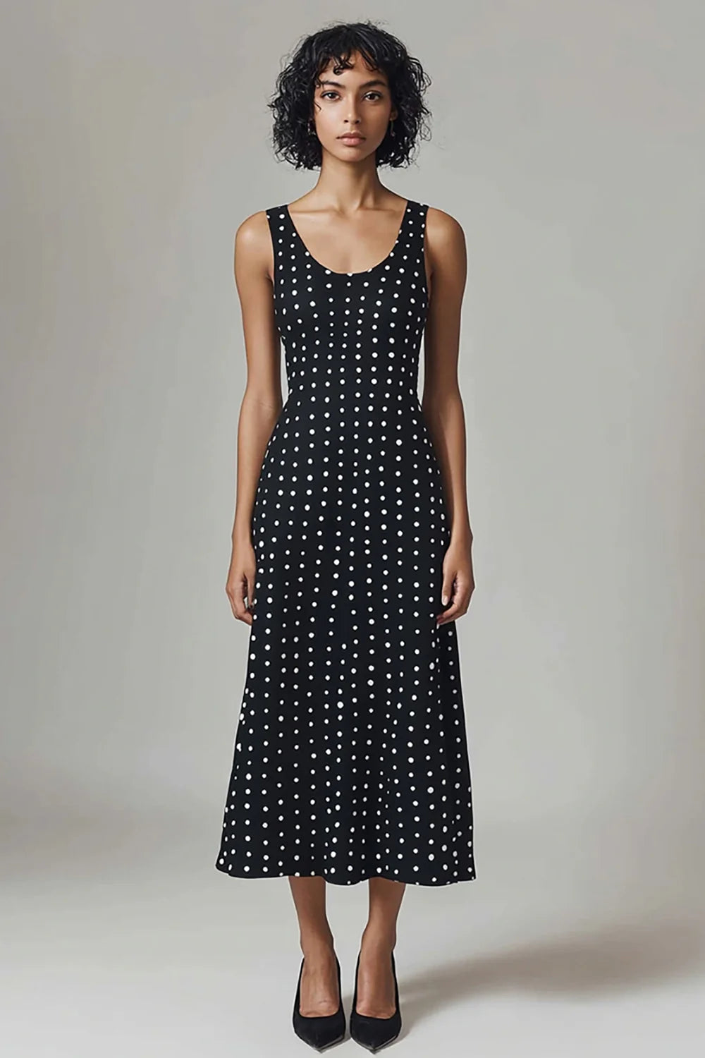 Black and White Chiffon Scoop Neck Maxi A Line Polka Dot Dress