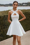 A Line White Satin Crossed Straps Short Graduation Dress