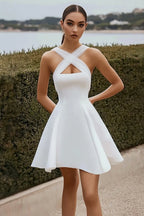 A Line White Satin Crossed Straps Short Graduation Dress