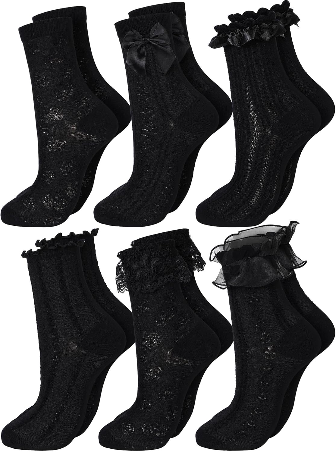 6 Pairs Ruffle Socks Women Frilly Lace Ankle Socks Cream Lolita Princess Bow Breathable