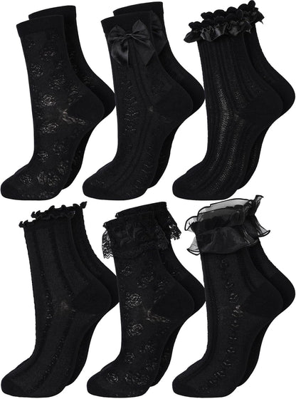 6 Pairs Ruffle Socks Women Frilly Lace Ankle Socks Cream Lolita Princess Bow Breathable