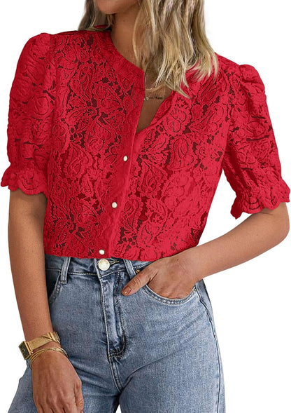 PRETTYGARDEN Womens 2026 Spring Lace Tops Short Puff Sleeve Casual Dressy Blouses Eyelet Crew Neck Button Down Shirts