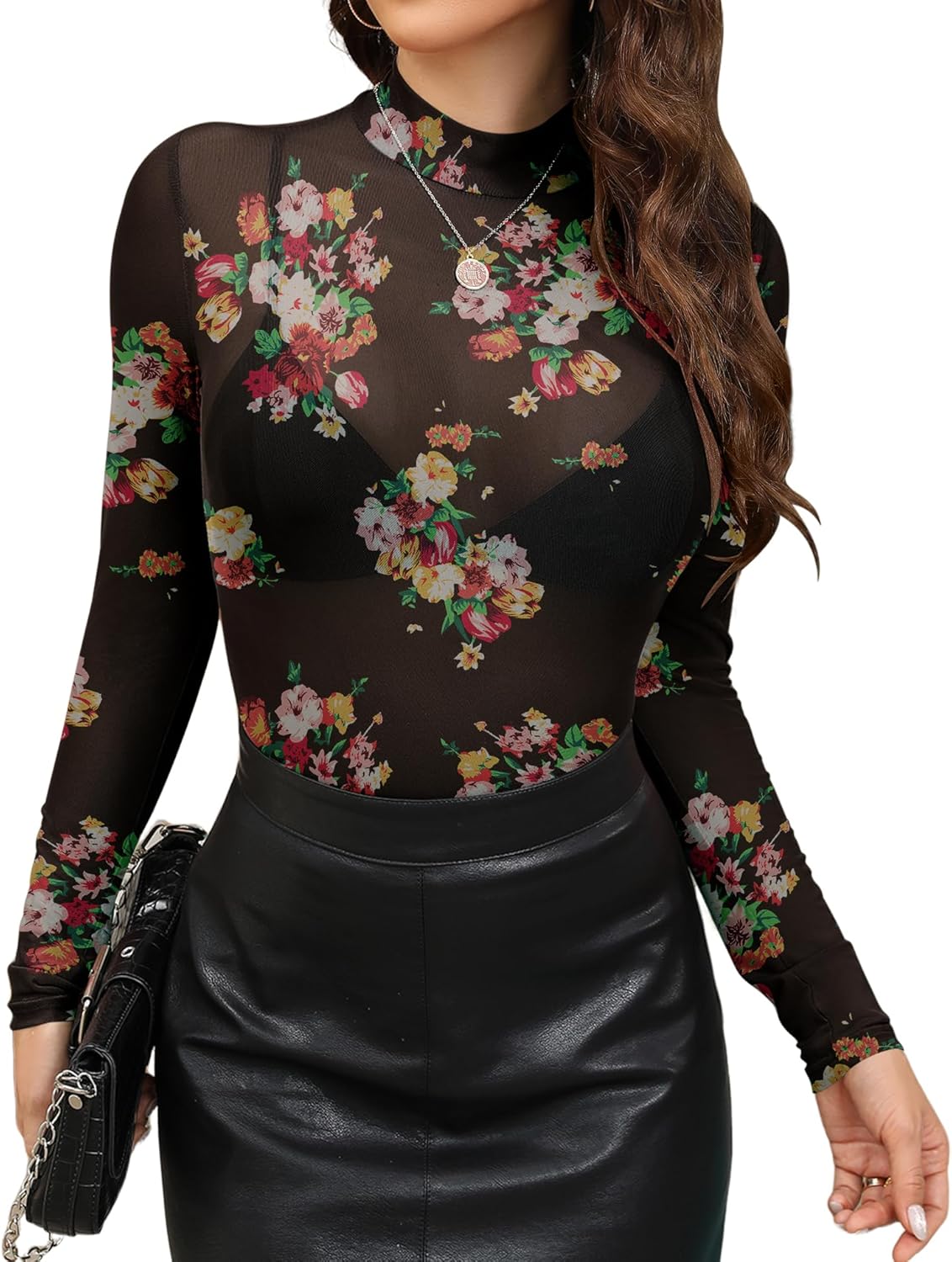 KTILG Womens Mesh Long Sleeve Top Sheer Blouse Sexy See Through Tee Shirt Lace Tops S-XXL