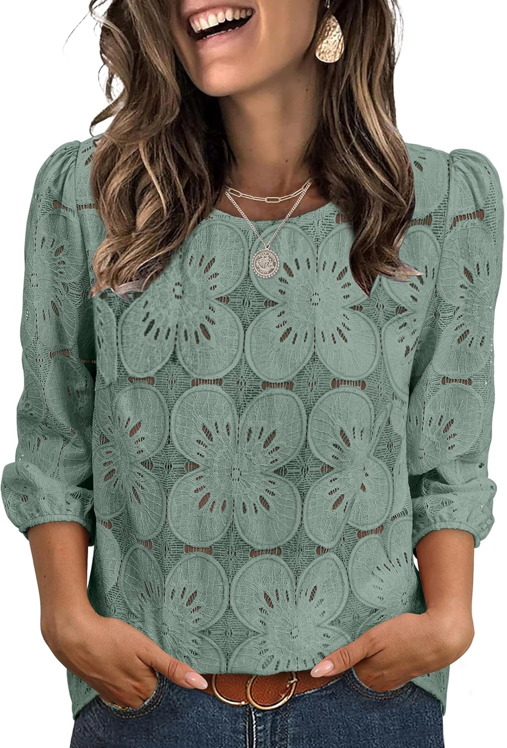 Sampeel Women Blouses Dressy Casual 3/4 Length Sleeve Tops Eyelet Lace Spring Summer Shirts Beach Vacation Clothes