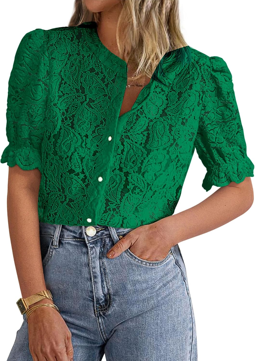 PRETTYGARDEN Womens 2026 Spring Lace Tops Short Puff Sleeve Casual Dressy Blouses Eyelet Crew Neck Button Down Shirts