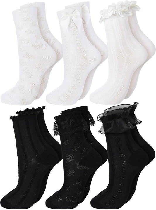 6 Pairs Ruffle Socks Women Frilly Lace Ankle Socks Cream Lolita Princess Bow Breathable