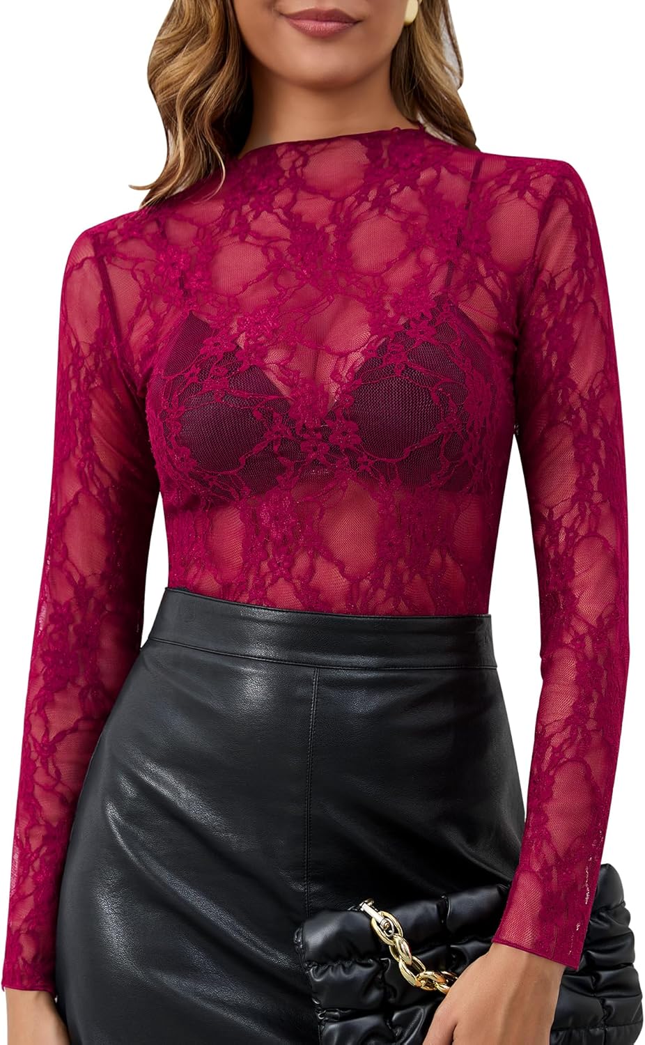 KTILG Womens Mesh Long Sleeve Top Sheer Blouse Sexy See Through Tee Shirt Lace Tops S-XXL