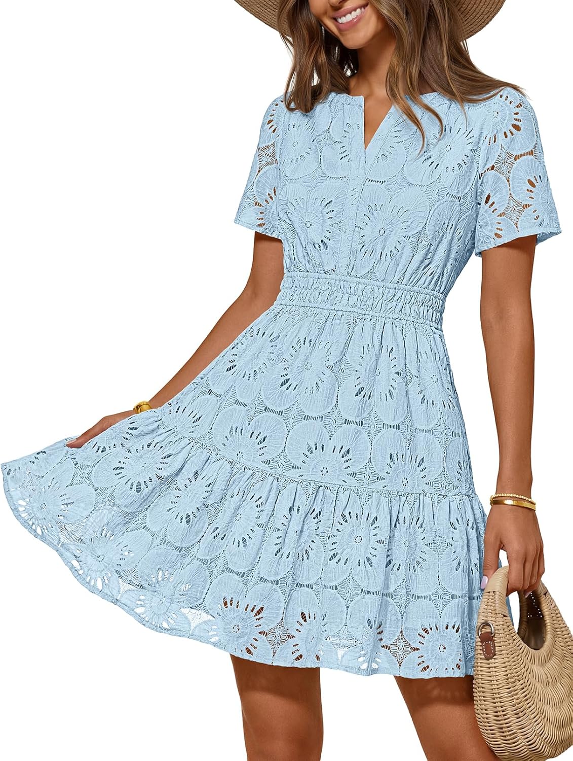 MEROKEETY Women's Spring Summer Lace Boho Dress 2026 Short Sleeve Eyelet Floral Ruffle A Line Vacation Beach Mini Dresses
