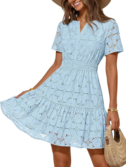 MEROKEETY Women's Spring Summer Lace Boho Dress 2026 Short Sleeve Eyelet Floral Ruffle A Line Vacation Beach Mini Dresses