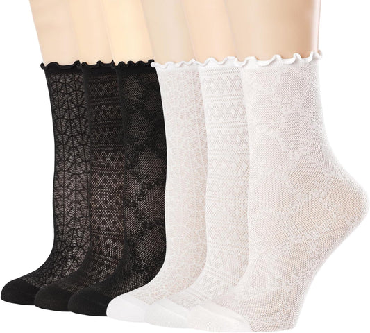 Mcool Mary Women's Ruffle Socks Mesh Casual Lace Cotton Ankle Ultra Thin Frilly Crew Socks for Women 6 Pairs