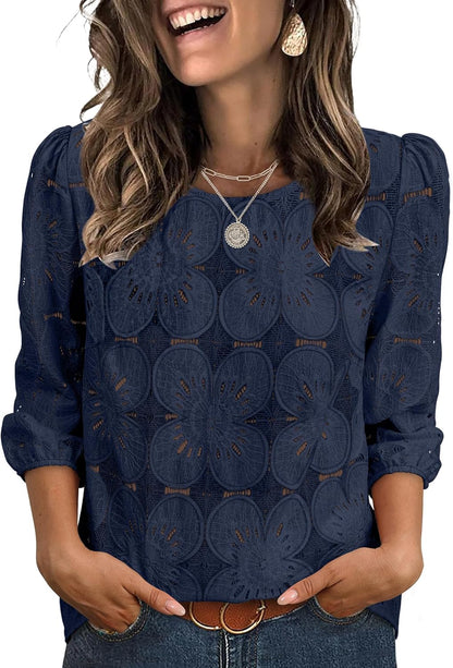 Sampeel Women Blouses Dressy Casual 3/4 Length Sleeve Tops Eyelet Lace Spring Summer Shirts Beach Vacation Clothes