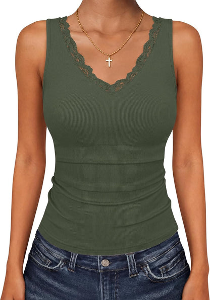 ZESICA Tank Tops for Women Summer Ribbed Knit V Neck Lace Trim Tanks Sleeveless Casual Going Out Cami Shirts 2026