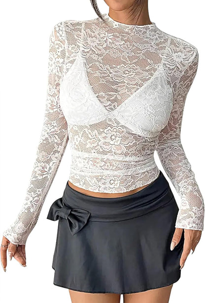 KTILG Womens Mesh Long Sleeve Top Sheer Blouse Sexy See Through Tee Shirt Lace Tops S-XXL