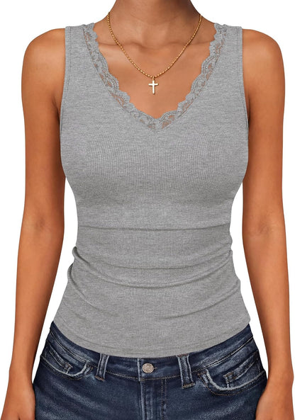 ZESICA Tank Tops for Women Summer Ribbed Knit V Neck Lace Trim Tanks Sleeveless Casual Going Out Cami Shirts 2026