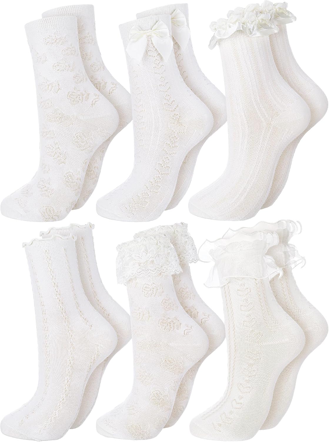 6 Pairs Ruffle Socks Women Frilly Lace Ankle Socks Cream Lolita Princess Bow Breathable