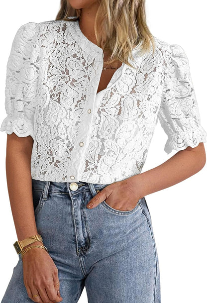 PRETTYGARDEN Womens 2026 Spring Lace Tops Short Puff Sleeve Casual Dressy Blouses Eyelet Crew Neck Button Down Shirts