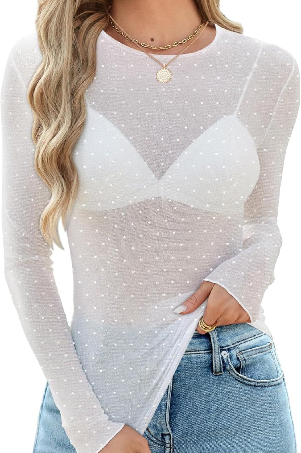 Women’s Lace Mesh Long Sleeve Top – Slim Fit Sheer Blouse
