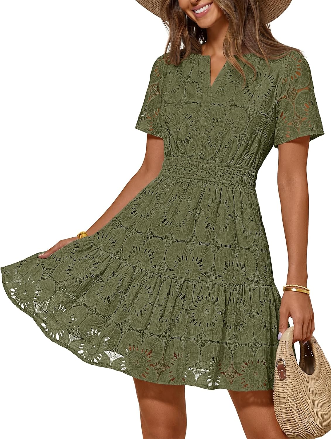 MEROKEETY Women's Spring Summer Lace Boho Dress 2026 Short Sleeve Eyelet Floral Ruffle A Line Vacation Beach Mini Dresses