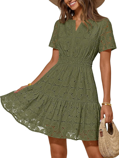 MEROKEETY Women's Spring Summer Lace Boho Dress 2026 Short Sleeve Eyelet Floral Ruffle A Line Vacation Beach Mini Dresses