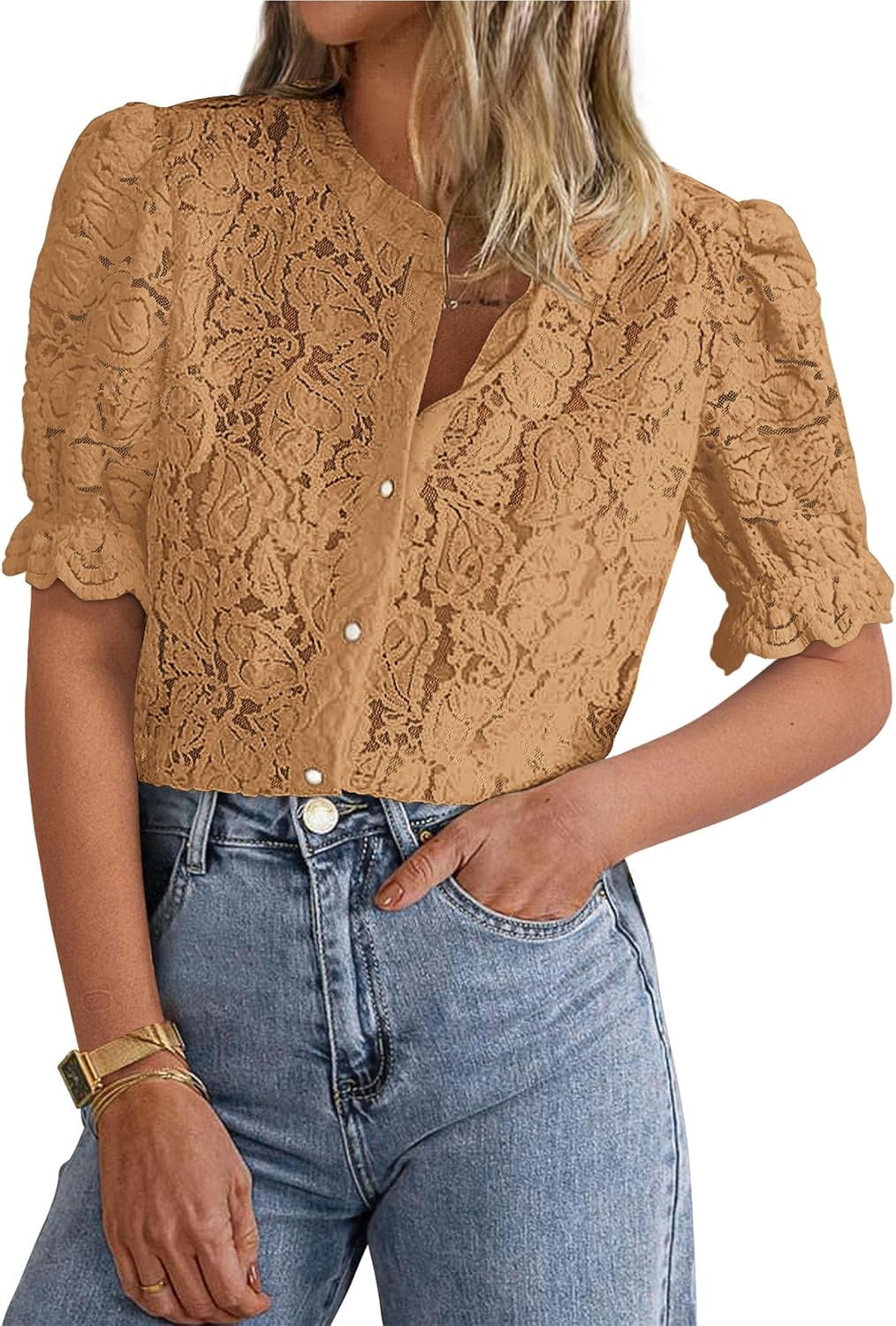 PRETTYGARDEN Womens 2026 Spring Lace Tops Short Puff Sleeve Casual Dressy Blouses Eyelet Crew Neck Button Down Shirts