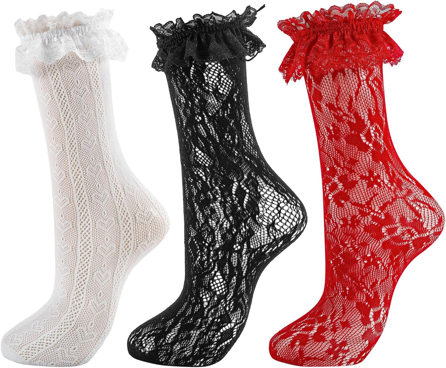 Womens Lace Ankle Socks Ruffle Frilly Dress Socks Sexy Mesh Lace Trim Lolita Sock Lacy Ruffled Bootie Sock for Woman