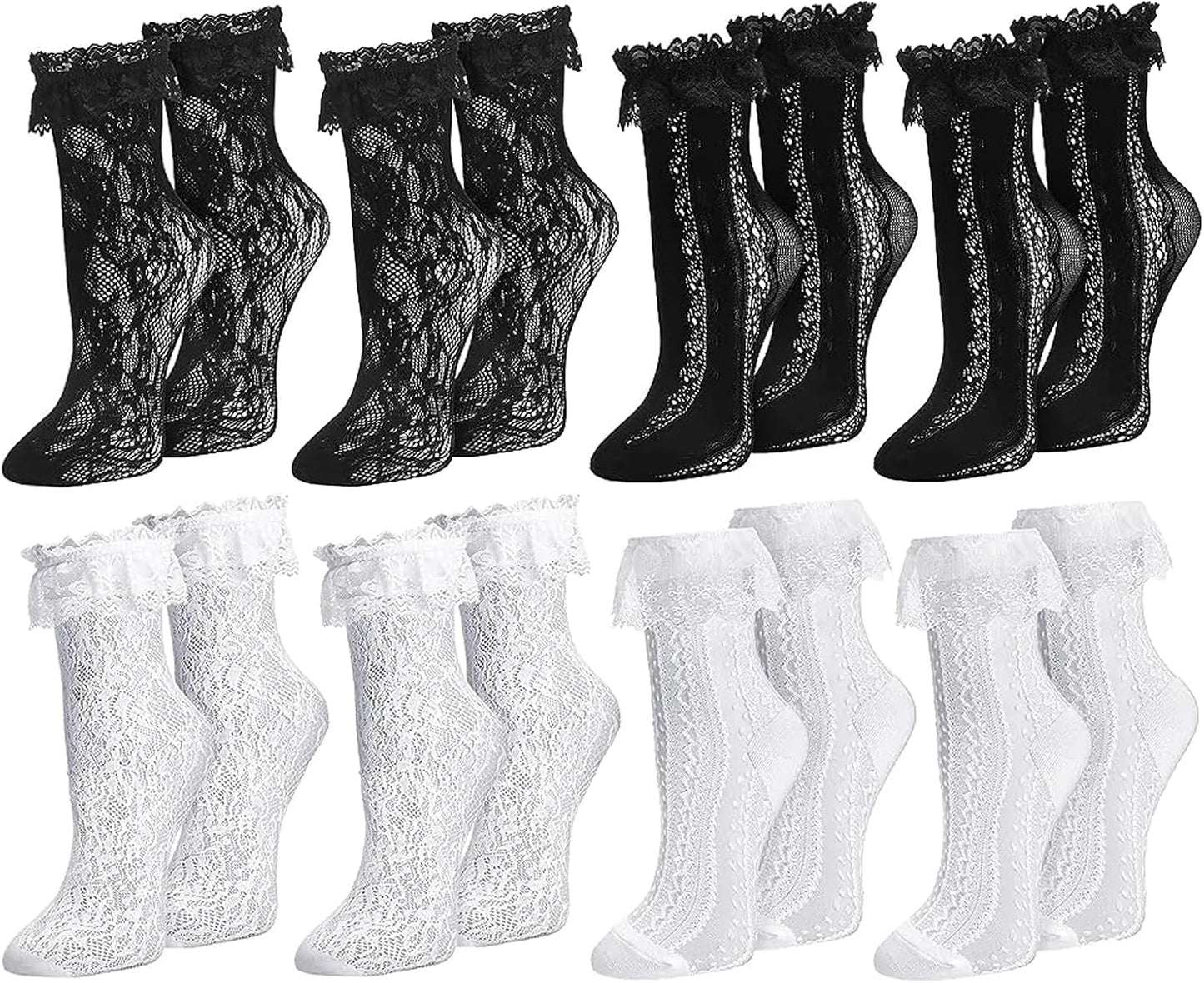 Womens Lace Ankle Socks Ruffle Frilly Dress Socks Sexy Mesh Lace Trim Lolita Sock Lacy Ruffled Bootie Sock for Woman
