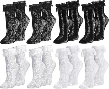 Womens Lace Ankle Socks Ruffle Frilly Dress Socks Sexy Mesh Lace Trim Lolita Sock Lacy Ruffled Bootie Sock for Woman