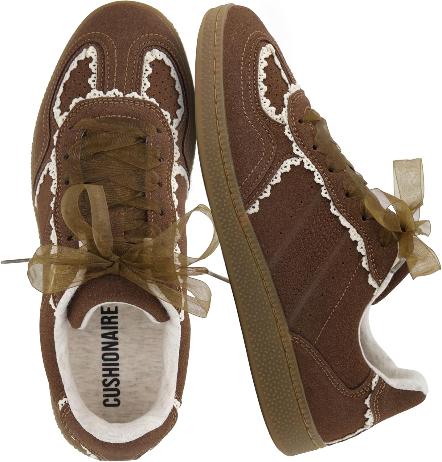 CUSHIONAIRE Belinda Women’s Lace Detail Casual Sneakers – Elegant Ribbon Lace-Up Shoes with Memory Foam